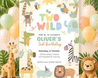 Two Wild Second Birthday Invitation, neutral Safari 2nd birthday Invite, doodle Jungle Animal Party Evite, Editable DIGITAL Instant Download