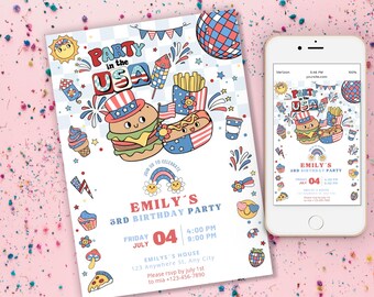 May include: A colorful invitation for a 3rd birthday party with a USA theme. The design includes cartoon illustrations of a hamburger, hot dog, fireworks, and the text "Party in the USA". A smartphone displays the same design.