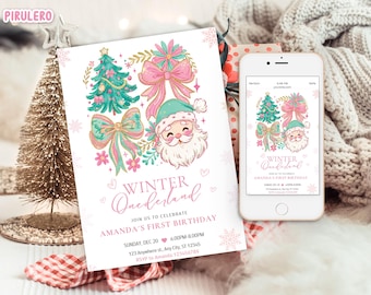 May include: A festive invitation for Amanda's first birthday, featuring a Winter Onederland theme. The design includes a Santa Claus illustration, Christmas tree, and bows in pink and teal. A smartphone displays the same design.