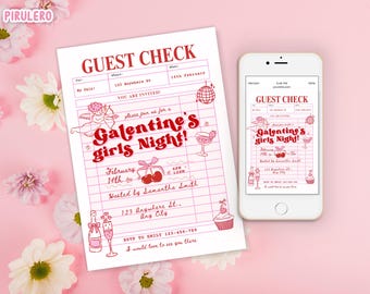 Zaproszenie na imprezę Galentines Party, ręcznie rysowane, walentynkowe, z różowo-czerwoną kratką dla gości, zaproszenie na wieczór panieński, brunch Galentines Party