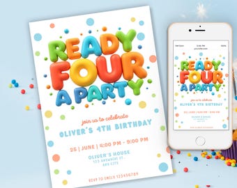Könnte beinhalten: Eine Geburtstagseinladung mit dem Text "READY FOUR A PARTY" in bunten 3D-Blasenbuchstaben. Die Einladung enthält Veranstaltungsdetails und wird auf einer weißen Karte und einem Smartphone angezeigt.