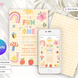May include: A birthday invitation with a yellow gingham background and colorful illustrations. The invitation reads "It's Fun to be One" with a rainbow, sun, butterfly, bee, and other cute graphics. A smartphone displays the invitation design. The text says "Juliana 1st Birthday".