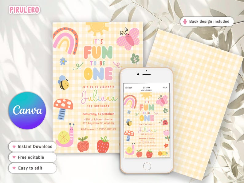 May include: A birthday invitation with a yellow gingham background and colorful illustrations. The invitation reads "It's Fun to be One" with a rainbow, sun, butterfly, bee, and other cute graphics. A smartphone displays the invitation design. The text says "Juliana 1st Birthday".