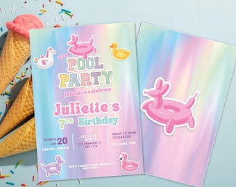 Pool Party Birthday Invitation glow Tie Dye Summer Swimming Pool Birthday Party invite, preppy Teen Party, girl Theme Template, water slide