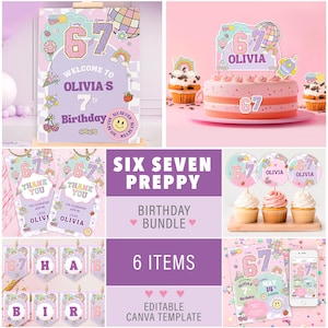 PAQUETE de cumpleaños Six Seven, invitación preppy 6 7, paquete de decoración para fiestas, conjunto editable para el séptimo cumpleaños de una niña - 6 ARTÍCULOS - fiesta de cumpleaños, SSP1