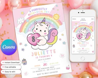 Invitación de Caticornio, Invitación para fiesta de gato unicornio, Invitación de cumpleaños de Caticornio arcoíris, Cumpleaños de niña de gato unicornio arcoíris de cualquier edad, editable