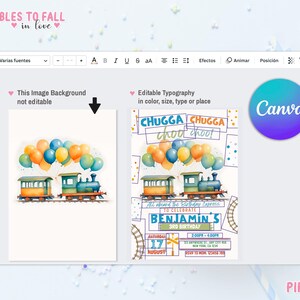 May include: A printable invitation for a 3rd birthday party with a train and balloon theme. The invitation features a blue, green, and yellow train with a banner that says "CHUGGA CHUGGA chood chood!" and a banner that says "All aboard the Birthday Express to celebrate BENJAMIN'S 3rd BIRTHDAY".