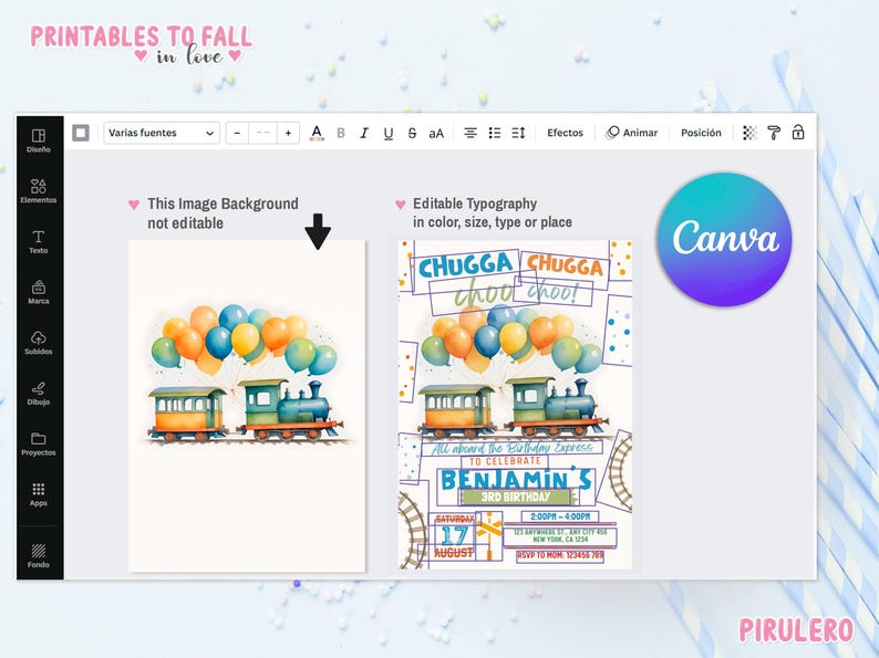 May include: A printable invitation for a 3rd birthday party with a train and balloon theme. The invitation features a blue, green, and yellow train with a banner that says "CHUGGA CHUGGA chood chood!" and a banner that says "All aboard the Birthday Express to celebrate BENJAMIN'S 3rd BIRTHDAY".