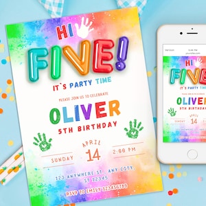 May include: A colorful invitation for a 5th birthday party with the text "Hi Five!" in rainbow colors. The invitation has a watercolor background and includes the name Oliver, the date April 14th, and the time 2:00 PM. RSVP to Emily 123456789.