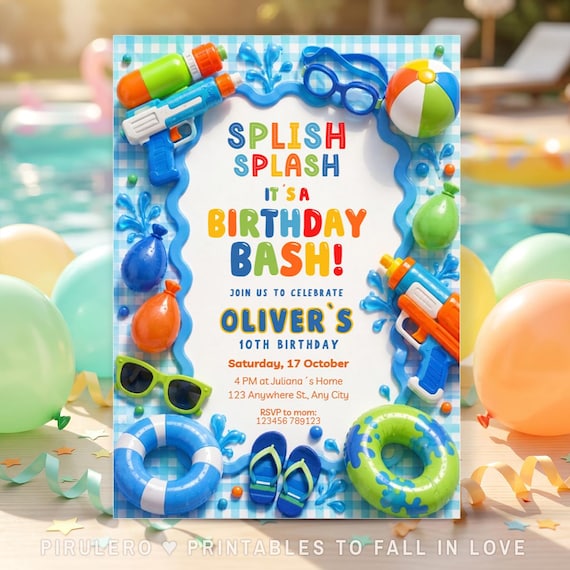 Water Gun Birthday Invitation, Boy Summer Water Splash Party Invite, summer Water Bash Invite any age, splish splash Party Bash Poolside