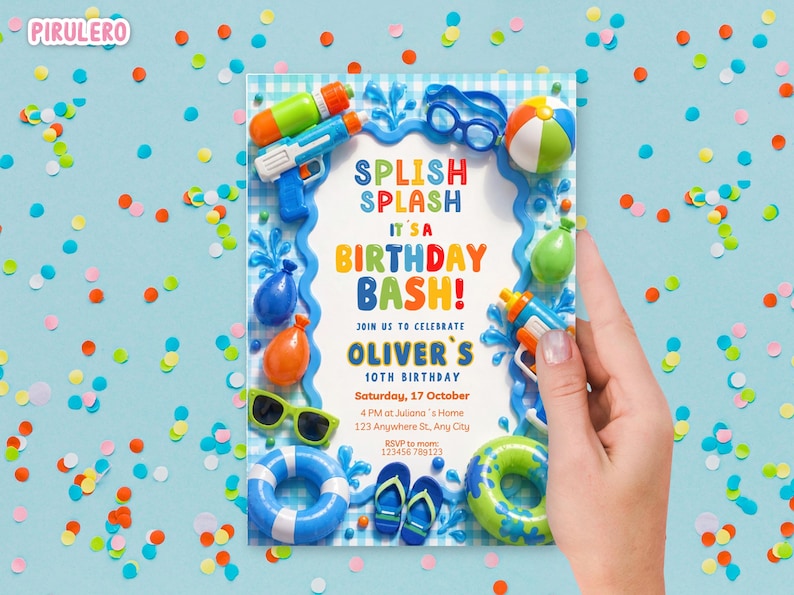 May include: A colorful birthday invitation with the text "SPLISH SPLASH IT'S A BIRTHDAY BASH!" featuring water guns, sunglasses, and a beach ball. The invitation is for Oliver's 10th birthday, with the date and time included.