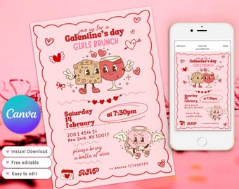 Zaproszenie na przyjęcie Galentines Party, ręcznie rysowane, walentynkowe, różowo-czerwone zaproszenie na Galentines Friendship Coquette, zaproszenie na brunch Galentines, wieczór panieński