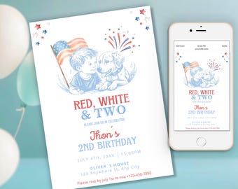 Convite de aniversário para menino com tema "Vermelho, Branco e Dois", "Vermelho, Branco e Dois", "Patriótico Cachorro Vermelho, Branco e Dois", Aniversário Americano de 4 de julho, desenho de animal de estimação feito à mão