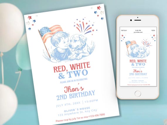 Red White and Two Boy Birthday Invitation, Red White and Two, Patriotic Red White and Two Dog, 4th july American Birthday, pet hand drawn