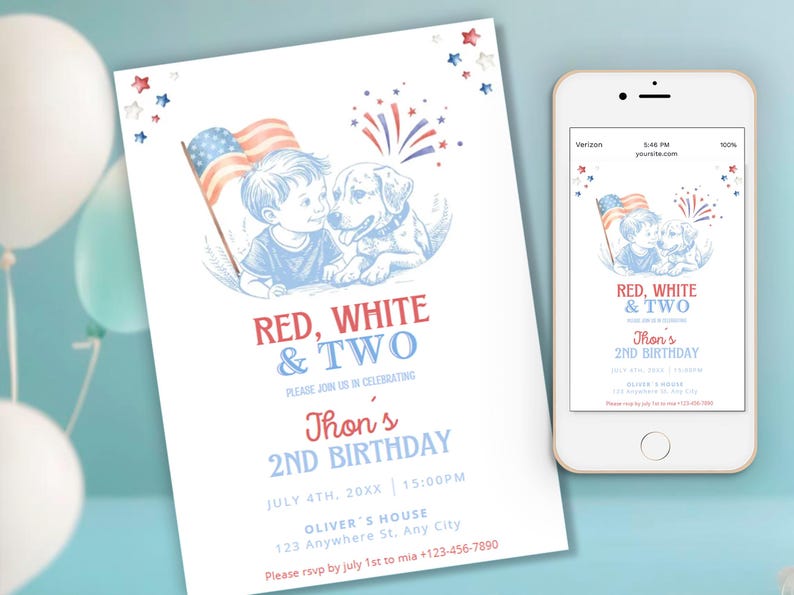 May include: A patriotic invitation for a second birthday, featuring a boy and a dog with an American flag. The design includes red, white, and blue accents, with the text "RED, WHITE & TWO" and event details.