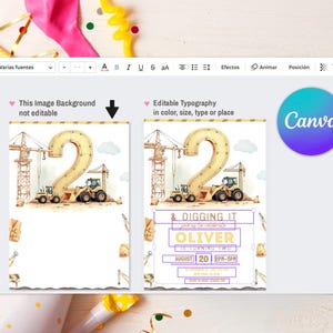 May include: A digital invitation design featuring a large number 2 constructed with construction vehicles and a crane. The invitation includes the text "Digging It" and details for a birthday party, including the name "Oliver" and the date.