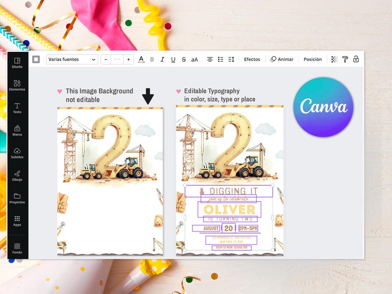 May include: A digital invitation design featuring a large number 2 constructed with construction vehicles and a crane. The invitation includes the text "Digging It" and details for a birthday party, including the name "Oliver" and the date.