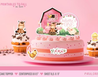 Farm Animals Pink farm & barn girl birthday cake topper or centerpiece, girl farm animals birthday Decoration digital download, PF01