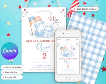 Convite de aniversário patriótico para menino americano, para qualquer idade, vermelho, branco e azul, festa nos EUA, aniversário americano de 4 de julho, desenhado à mão