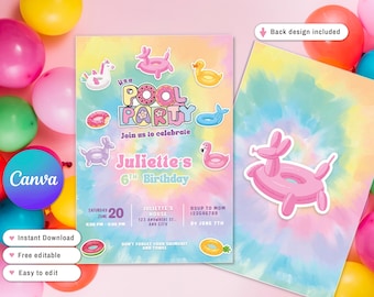 Pool Party Birthday Invitation Tie Dye Summer Swimming Pool Birthday Party invite, preppy smile Teen Party, girl Theme Template, water slide