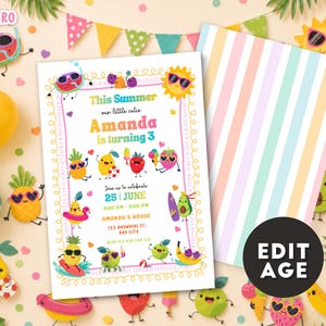 May include: A rectangular birthday invitation card featuring colourful cartoon fruit characters, a sun, and text reading This Summer our little cutie Amanda is turning 3, with event details including the date 25 June and a striped background pattern.