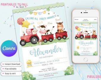 Farm tractor Animals, Farm Birthday Invitation, boys Farm Animals Birthday Invite, red Barnyard Birthday, Ranch Kids Birthday, red boys