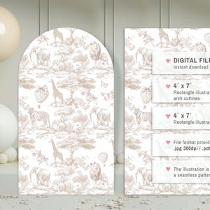 May include: A digital download of a 4x7 inch printable illustration featuring a safari animal pattern with giraffes, elephants, tigers, and hot air balloons. The illustration is in a light brown colour on a white background. The illustration is not a seamless pattern.