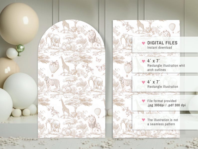 May include: A digital download of a 4x7 inch printable illustration featuring a safari animal pattern with giraffes, elephants, tigers, and hot air balloons. The illustration is in a light brown colour on a white background. The illustration is not a seamless pattern.