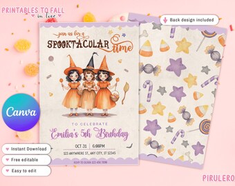 Può includere: Invito di compleanno di Halloween stampabile con tre streghe in abiti arancioni e cappelli neri. L'invito dice "Unisciti a noi per un momento Spooktacular" per celebrare il 5° compleanno di Emilia. Lo sfondo è un motivo di caramelle viola e bianco.