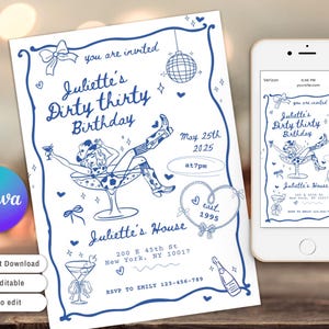 Hand Drawn Dirty Thirty Birthday Invitation, 30th Birthday Coastal Cowgirl birthday, hand drawn Doodle style, Editable Dirty Thirty Invite,