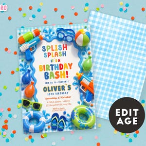 May include: A birthday party invitation with a water theme. The invitation features the text "SPLISH SPLASH IT'S A BIRTHDAY BASH!" with water guns, sunglasses, and a beach ball. The invitation is on a blue background.
