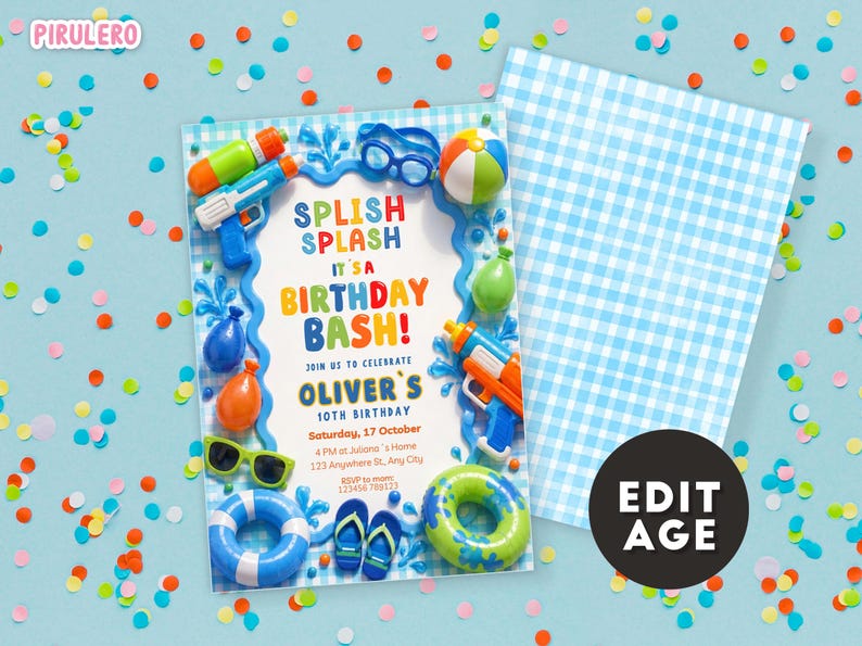 May include: A birthday party invitation with a water theme. The invitation features the text "SPLISH SPLASH IT'S A BIRTHDAY BASH!" with water guns, sunglasses, and a beach ball. The invitation is on a blue background.
