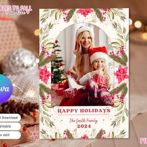 Plantilla de tarjeta navideña con foto, tarjeta de Feliz Navidad, tarjeta navideña botánica clásica, tarjeta con foto, plantilla de tarjeta navideña con arco digital