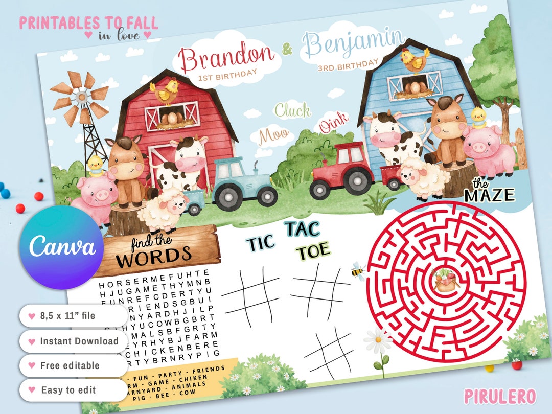 Boy Farm Animals Activity Placemat, Sibling Twins Printable Red ...