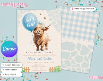 Holy cow baby shower Highland Cow Editable Invitation boy Baby Shower, Holy Cow We're Having a Baby Printable, highland cowboy farm editable