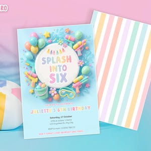 Inbjudan till Splash Into Six, Inbjudan till poolparty för 6-årsdagen, sommar, Splish Splash, flickaktigt poolparty, regnbågsfärgad, pastellfärgad, direktnedladdning, Si63d