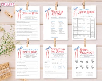 May include: A collection of six printable baby shower games, including "Who Knows Mommy Best?", "What's in Our Bag?", and "Find the Guest Bingo". Each card features a blue and red ribbon design. The games are printed on white paper and held by wooden clothespins.