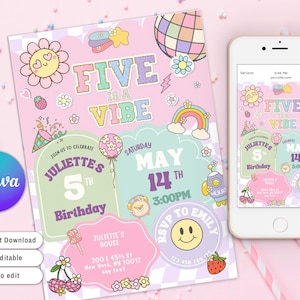 Invitación para fiesta de quinto cumpleaños de estilo preppy "Five Is A Vibe", invitación con letras de parches preppy, fiesta de parches universitarios, fiesta de cumpleaños disco de moda genial