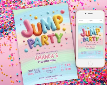 Jump Party verjaardagsuitnodiging meisje, Trampoline Party, Jump Party bewerkbare uitnodiging, bounce Party Trampoline verjaardagsuitnodiging regenboogkleur