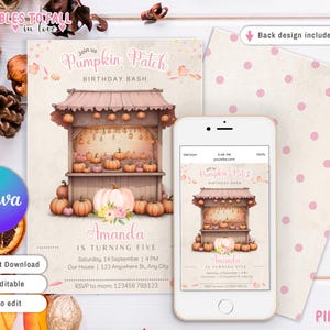 May include: Printable invitation for a pumpkin patch birthday party. The invitation features a cartoon illustration of a pumpkin patch stand with pumpkins and a sign that says "Join us Pumpkin Patch Birthday Bash". The text "Amanda is turning five" is also included on the invitation.