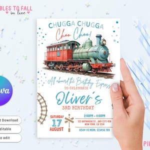 May include: A printable birthday invitation featuring a watercolor illustration of a blue and green train with red boxcars. The text reads "Chugga Chugga Choo Choo! All aboard the Birthday Express to celebrate Oliver's 3rd Birthday. Saturday, August 17, 2:00PM - 4:00PM, 123 Anywhere St., Any City 456, New York, CA 1234, RSVP to Mom: 123456789".