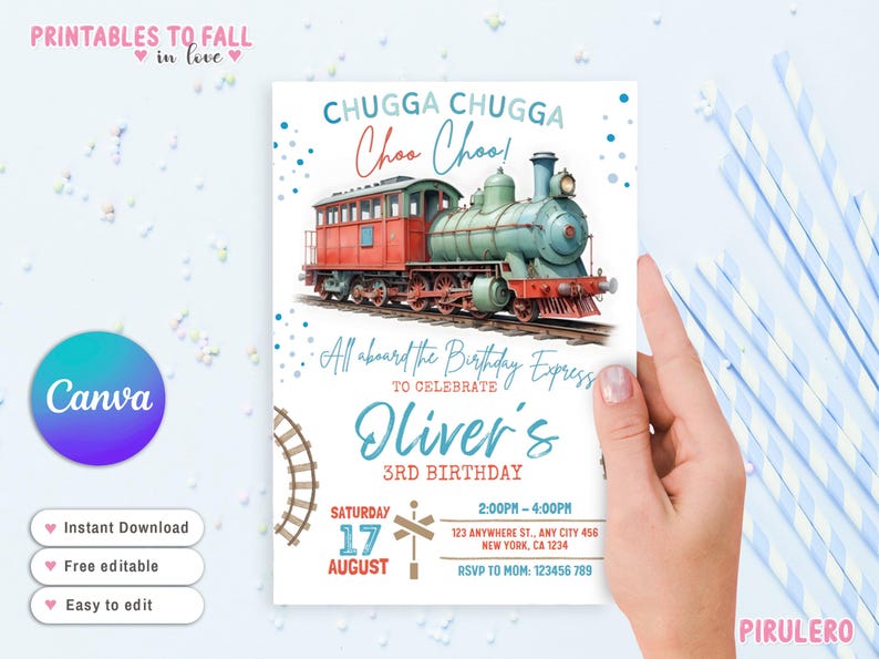 May include: A printable birthday invitation featuring a watercolor illustration of a blue and green train with red boxcars. The text reads "Chugga Chugga Choo Choo! All aboard the Birthday Express to celebrate Oliver's 3rd Birthday. Saturday, August 17, 2:00PM - 4:00PM, 123 Anywhere St., Any City 456, New York, CA 1234, RSVP to Mom: 123456789".