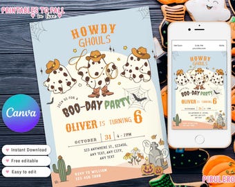 Halloween Cowboy-Geburtstags-Einladung, Halloween-Western-Party einladen, Halloween-Rodeo-Einladung, wilder Westen einladen, groovy Retro-Halloween