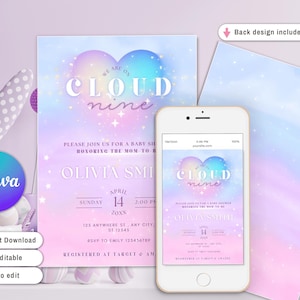 Puede incluir: Una invitación a una fiesta de bienvenida al bebé con un fondo de acuarela en tonos pastel rosa, azul y morado. La invitación presenta una nube en forma de corazón con el texto "We are on cloud nine". La invitación también incluye el texto "Please join us for a baby shower honoring the mom-to-be Olivia Smith" y la fecha y hora de la fiesta. La invitación está diseñada para una descarga digital y es gratuita para editar.