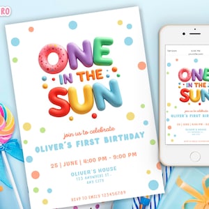 One in the sun party, first Birthday Party Invite Template, 1st Birthday summer Invitation, Printable Bubble One in the sun colorfull Evite