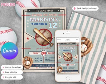 May include: Baseball-themed invitation with the text "It's Game Time! Swing on Over Brandon's Turning 12". The design includes a baseball, bat, and glove. A smartphone displays the invitation. Additional elements include baseballs and a striped background.