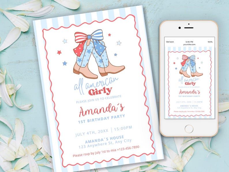 Puede incluir: Una invitaci&oacute;n para el 1er cumplea&ntilde;os de Amanda. El dise&ntilde;o presenta botas de vaquero con un lazo rojo, blanco y azul. El texto dice "all american Girly" e incluye los detalles de la fiesta.