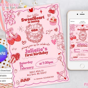 Little Sweetheart Is turning One Invitation Pink Valentine&#39;s Day 1st Birthday Invite Sweet Girl Valentines First Birthday Invite with photo