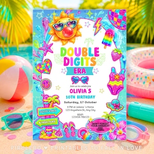 May include: A colourful birthday invitation card featuring a sun wearing heart-shaped sunglasses, a disco ball, a popsicle, and a swimsuit. The text reads DOUBLE DIGITS ERA, OLIVIA'S 10TH BIRTHDAY, Saturday, 17 October, 4 PM at Juliana's Home, 123 Anywhere St., Any City, RSVP 123456 789123.