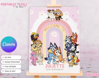 Signo de bienvenida de niña perro azul, rosa de perro azul, plantilla de canva de banner de bienvenida Tablero de bienvenida de Daisy de perro azul, signo de fiesta de perro azul, canva editable